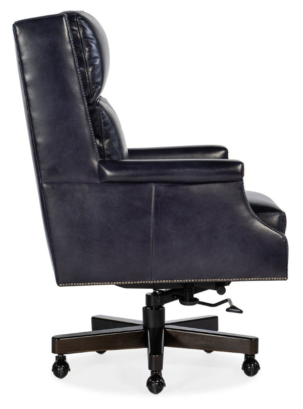 Hooker Furniture Beckett Executive Swivel Tilt Chair In Aniline Top-Grain Leather With Wood-Capped Base, Ergonomic Comfort Dark Blue EC562-C7-048