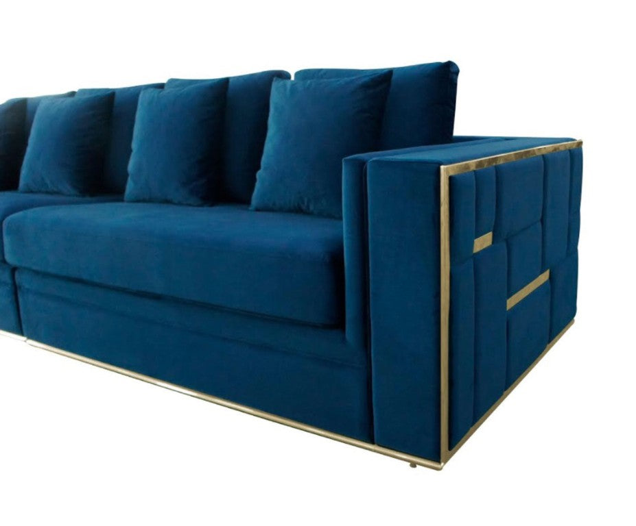 VIG Furniture Mobray Glamorous Blue Velvet Sofa With Quilted Tuxedo Arms, Gold Accents & Plush Cushions VGUIMY524-BLUE