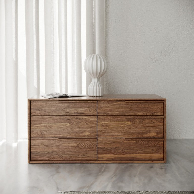 VIG Furniture Amberlie Modern Walnut Dresser With 6 Smooth-Glide Drawers, Integrated Handles, Mid-Century Warmth VGMABR-96-WAL-DRS