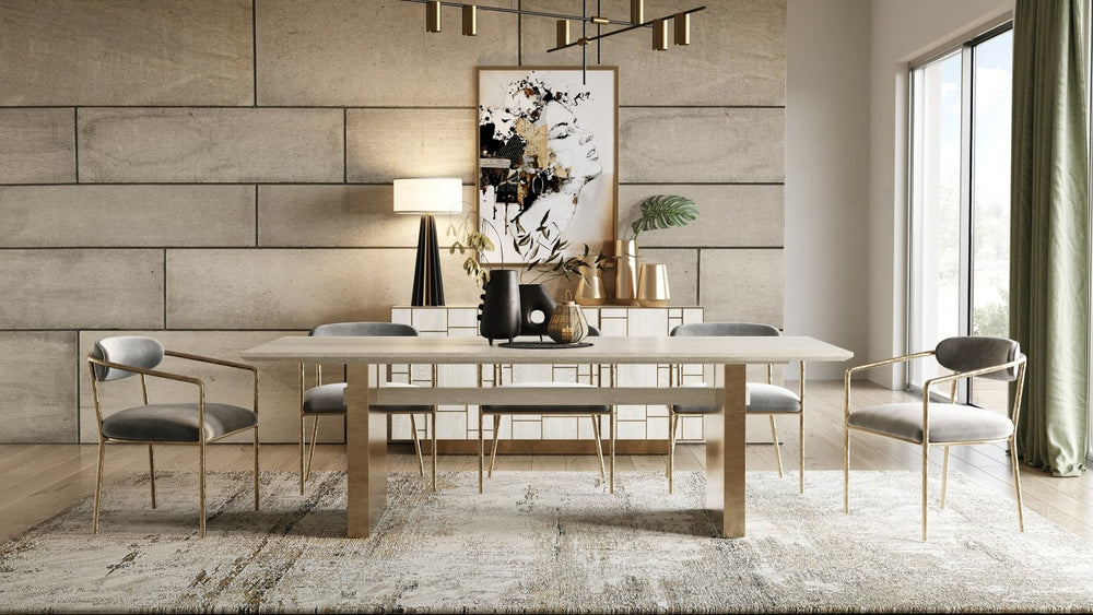 VIG Furniture Angus Cream Ash Dining Table With Gold Double-Pedestal Base, Seats 8, Durable Minimalist Design VGGM-DT-1723