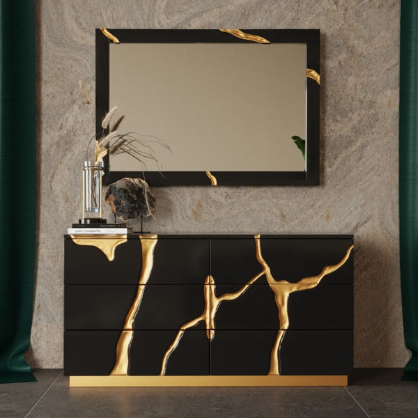VIG Furniture Aspen High-Gloss Black Dresser With Gold Trim, 6 Soft-Close Drawers, Integrated Pulls, Modern Luxe Appeal VGVC-J1801-D-L-W