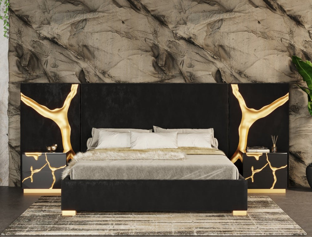 VIG Furniture Aspen Eastern King Glam Black Velvet Bed With Gold Accents — Paneled Headboard, Included Slats, Luxe Design VGVCBD1801-BLK-BED-EK