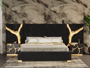VIG Furniture Aspen Eastern King Glam Black Velvet Bed With Gold Accents — Paneled Headboard, Included Slats, Luxe Design VGVCBD1801-BLK-BED-EK