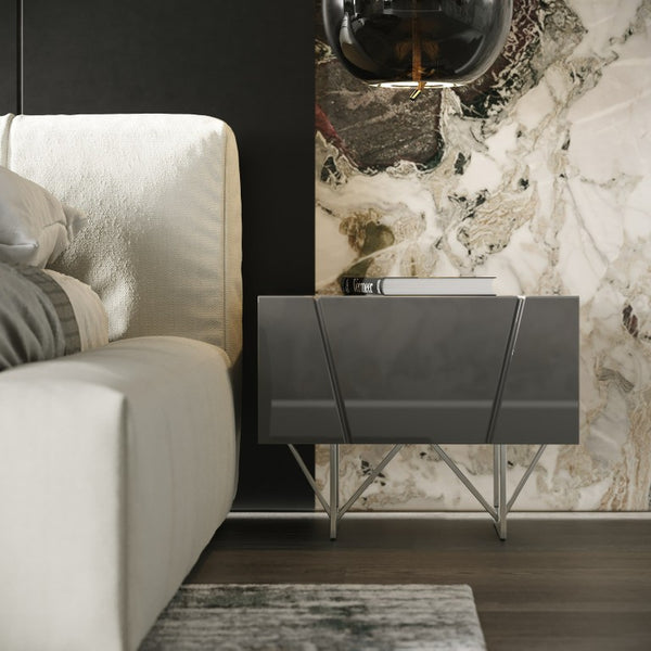 VIG Furniture Chrysler High-Gloss Grey Nightstand With Easy-Glide Drawer, Stainless Steel Legs, No Assembly Needed VGVCN8978-GRY