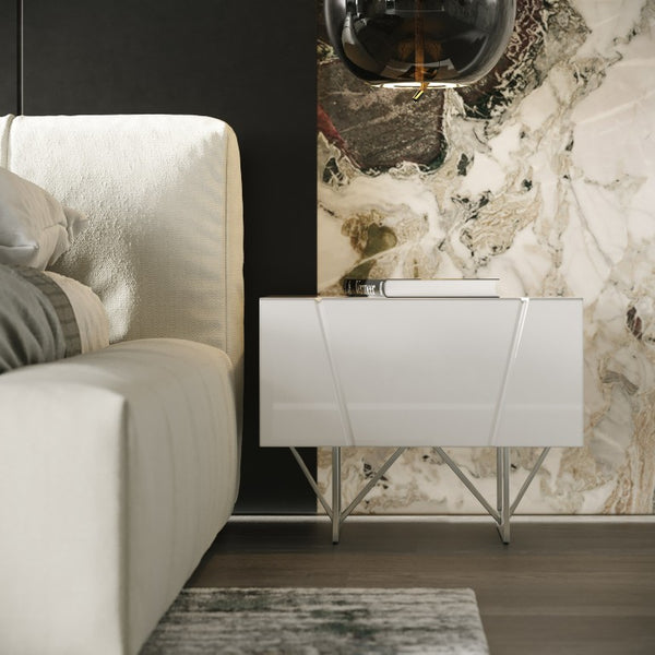 VIG Furniture Chrysler Glossy White Nightstand With Soft-Glide Drawer, Diagonal Cutouts & Hairpin Legs — Ready VGVCN8978-WHT