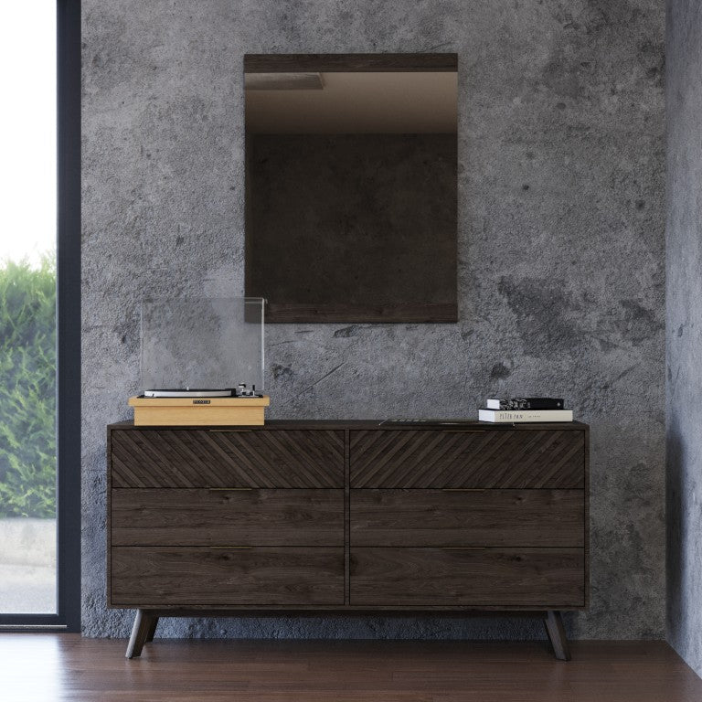 VIG Furniture Daisy Dark Acacia Full-Length Mirror With Chevron Carved Panels, Brass Accents, Mid-Century Rustic Elegance VGWDKYOTO-MIR