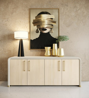 VIG Furniture Florence Modern Beige Leatherette Buffet With Herringbone Upholstery, Gold Trim & 4-Door Storage VGVC-G2410-BGE