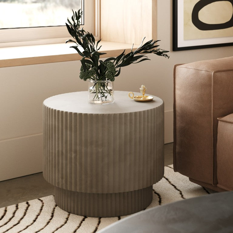 VIG Furniture Gruver Concrete End Table — Ribbed Modern Grey Cylinder, Weather-Resistant Side Table, 220 Lb Capacity VGGR-674650-GRY