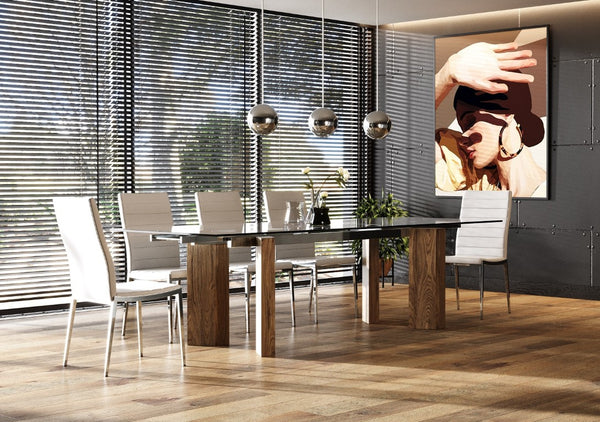 VIG Furniture Helena Extendable Glass Dining Table With Walnut Legs, Stainless Steel Frame & Tempered Top, Seats 8–10 VGEWD2048MA