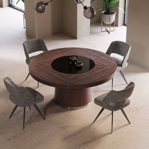 VIG Furniture Houston Walnut Round Dining Table With Mirrored Center, Steel Inlays, Seats 7 — Mid‑Century Elegance VGHB850T-WAL