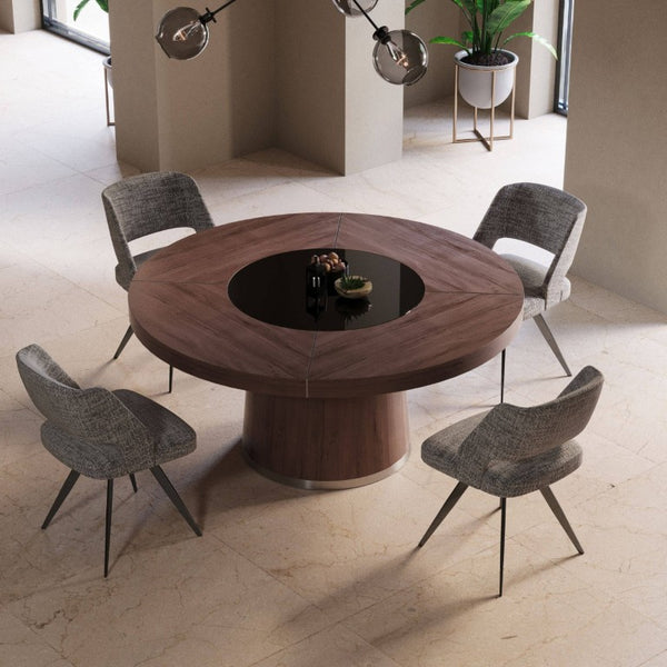 VIG Furniture Houston Walnut Round Dining Table With Mirrored Center, Steel Inlays, Seats 7 — Mid‑Century Elegance VGHB850T-WAL