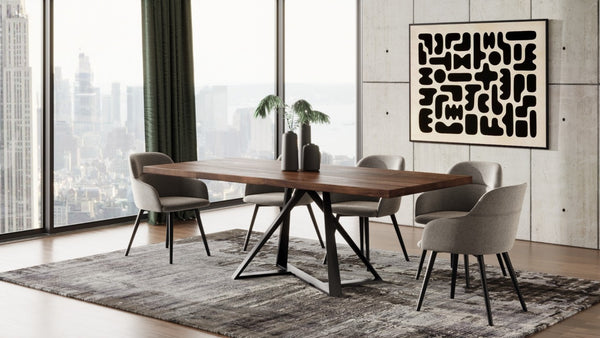 VIG Furniture Keanna Walnut & Black Modern Industrial Dining Table — Seats 8, Thick Farmhouse Veneer Top, Durable Powder-Coated Iron Base VGEWF2208DA-WAL-DT