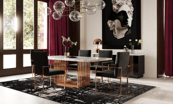 VIG Furniture Kingsley Rectangular Genuine Marble Dining Table With 2" Top & Rose Gold Slatted Stainless Base, Seats 6 VGVCT8933