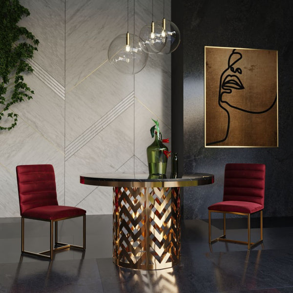 VIG Furniture Kowal Round Glam Black Marble Dining Table With Gold Geometric Pedestal Seats 6, Contemporary Luxe VGGMM-DT-1426