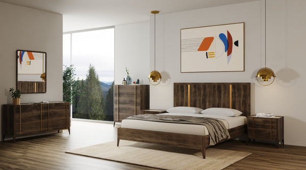VIG Furniture Oakley Mid-Century Dark Brown Wall Mirror With Gold Metal Insets, Tapered Frame For Bedroom Sets VGWDLCY-FM-OA-MIR
