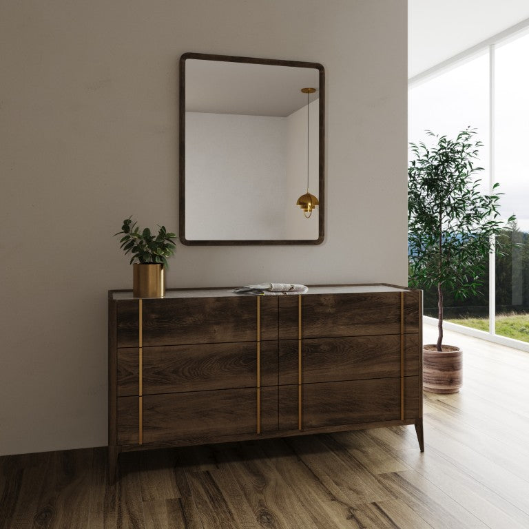 VIG Furniture Oakley Mid-Century Dark Brown Wall Mirror With Gold Metal Insets, Tapered Frame For Bedroom Sets VGWDLCY-FM-OA-MIR