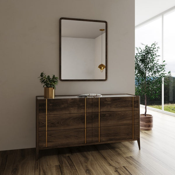VIG Furniture Oakley Mid-Century Dark Brown Wall Mirror With Gold Metal Insets, Tapered Frame For Bedroom Sets VGWDLCY-FM-OA-MIR