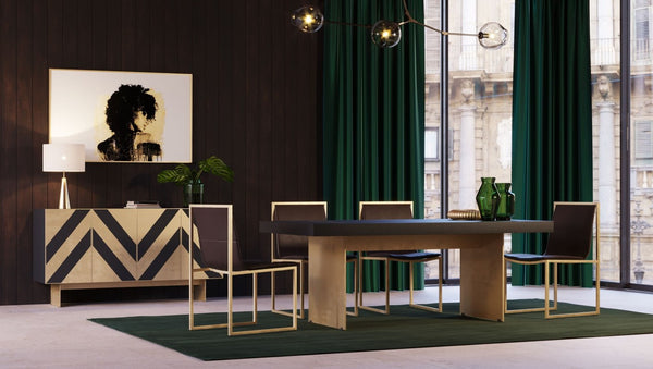 VIG Furniture Perret Black Ash Buffet With Brushed Brass Geometric Inlay — Modern Glam Storage, 63"W X 33"H VGGMW-1330A-BUFF