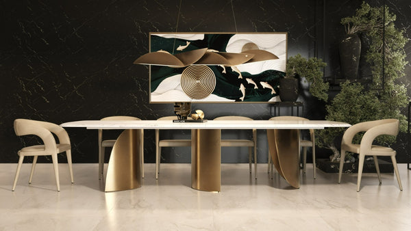 VIG Furniture Reynold Luxe Faux Marble Dining Table With Gold Stainless Steel Sculptural Base Seats 10, Durable VGGM-DT-1768