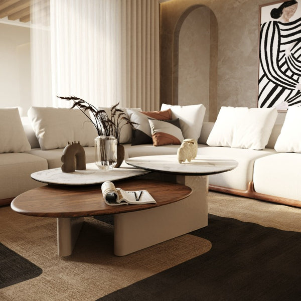 VIG Furniture Robson Multi‑Tier Ceramic & Walnut Coffee Table With Gold Base, 165 Lb Capacity, Modern Luxe Design VGCS-CT-23098