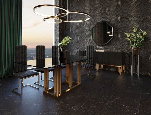 VIG Furniture Token Smoked Grey Glass Dining Table With Rose Gold Stainless Steel Base, Seats 6-8, 78"W Stylish VGVCT816