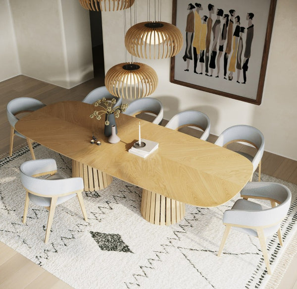 VIG Furniture Truman Mid-Century Modern Extendable Rectangular Table With 10 Upholstered Chairs, Solid Rubberwood Design Oak Dining Set VGMA-MIT-5346-11PC-EXTSET-NAT