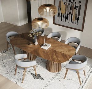 VIG Furniture Truman Mid-Century Modern Extendable Rectangular Table With 10 Upholstered Chairs, Solid Rubberwood Design Walnut Dining Set VGMA-MIT-5346-MI-1240-11PC