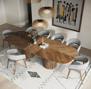 VIG Furniture Truman Mid-Century Modern Extendable Rectangular Table With 10 Upholstered Chairs, Solid Rubberwood Design Walnut Dining Set VGMA-MIT-5346-MI-1240-11PC