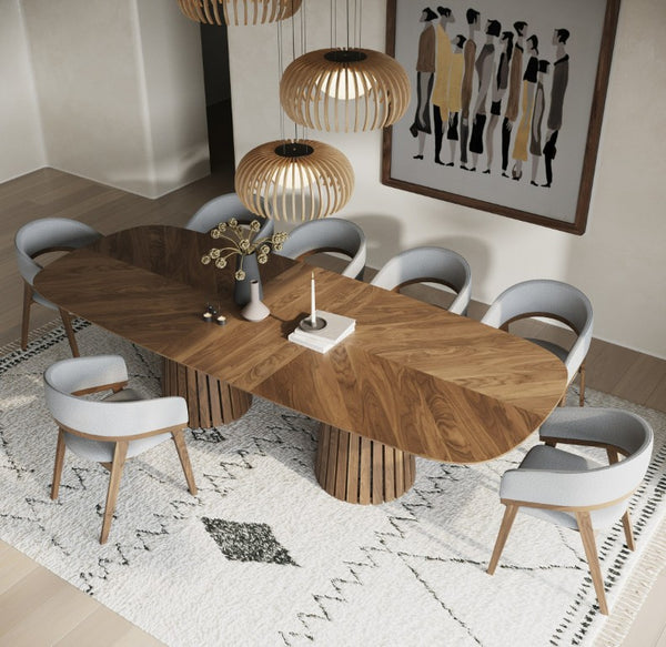 VIG Furniture Truman Mid-Century Modern Extendable Rectangular Table With 10 Upholstered Chairs, Solid Rubberwood Design Walnut Dining Set VGMA-MIT-5346-MI-1240-11PC
