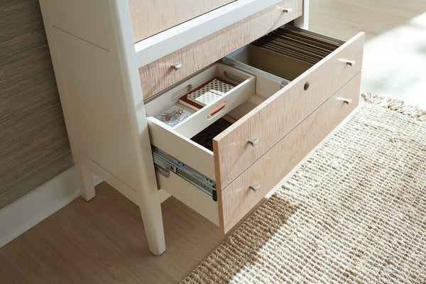 Hooker Furniture Hera Almond White & Figured Maple Hub With Drop-Front Desk, Jewelry Tray, Locking Drawer, Cord Cutout 6052-10309-80