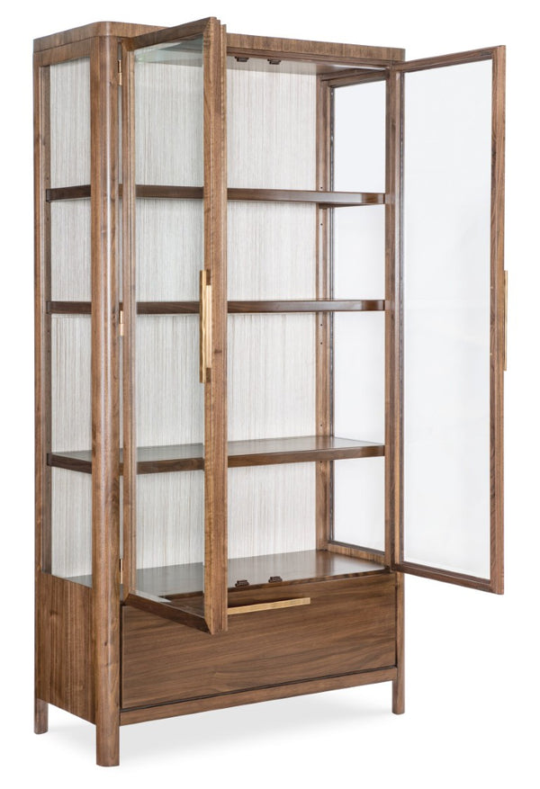 Hooker Furniture Eleana Walnut Display Cabinet With Beveled Glass, Touch Led Lighting, Grass-Cloth Back, Sunlit Bronze Hardware 7252-75906-85