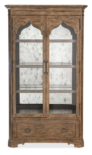 Hooker Furniture Americana Honey Display Cabinet With Antique Mirror Back, Adjustable Shelves, Lighting & Drawer 7050-75908-85