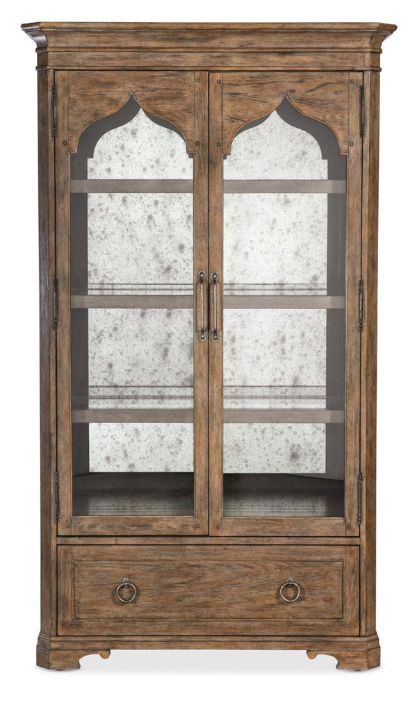 Hooker Furniture Americana Honey Display Cabinet With Antique Mirror Back, Adjustable Shelves, Lighting & Drawer 7050-75908-85