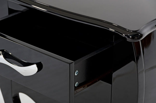 Monte Carlo Black Nightstand – Elegant Two-Drawer Design with Curvy Stainless Steel Pulls & Chic Finish