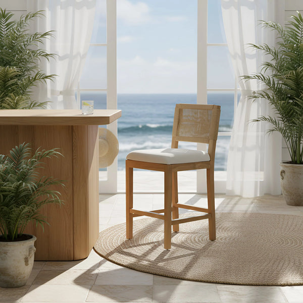 Monterey Handwoven Rope Back Counter Stools Set of 2 Natural Wood Coastal Seating