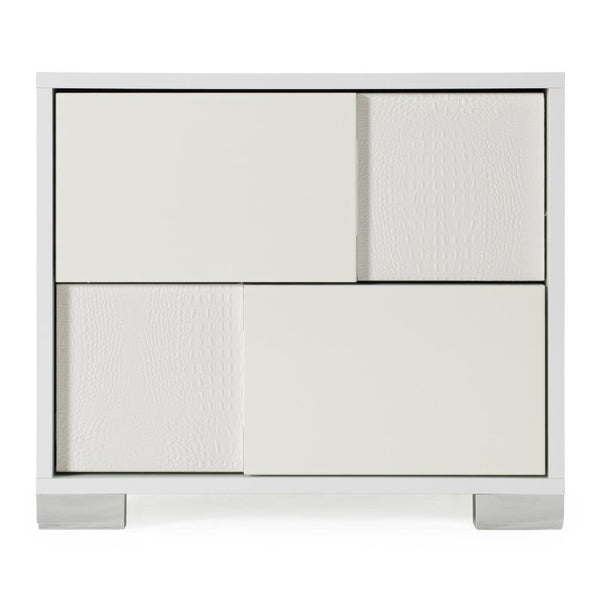 VIG Furniture Monza Italian White Nightstand With Crocodile-Texture Panels, Silver Accents, Soft-Closing Drawers VGACANCONA-NS-WHT