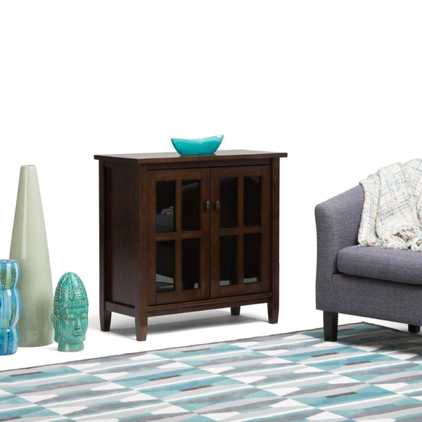 English Elm Warm Shaker Low Storage Cabinet - Versatile Tobacco Brown Wood With Adjustable Shelves & Glass Doors B136P159729-GIGA