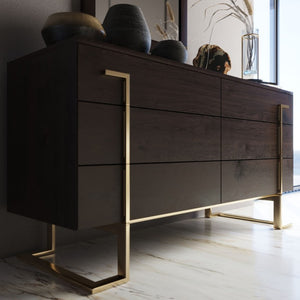 VIG Furniture Moontide Smoked Ash Dresser With Champagne Gold Accents, 6-Drawer Modern Storage, W60" X D20" X H31" VGVCMF-J1922-D