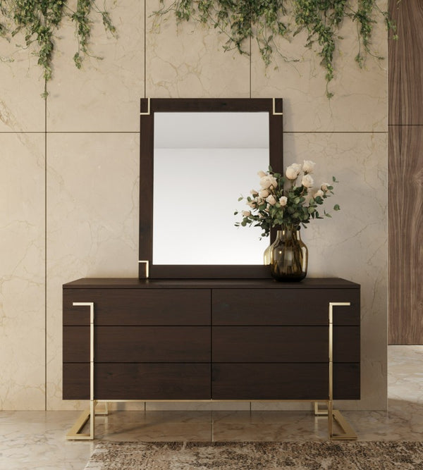 VIG Furniture Moontide Smoked Ash Dresser With Champagne Gold Accents, 6-Drawer Modern Storage, W60" X D20" X H31" VGVCMF-J1922-D
