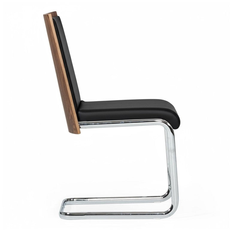 VIG Furniture Morgan Walnut Veneer Leatherette Side Chair Set Of 2 With Chrome Frame — Modern Ergonomic Comfort For Kitchens And Dining Spaces Black Dining Chair VGEWF3175BA-BLK