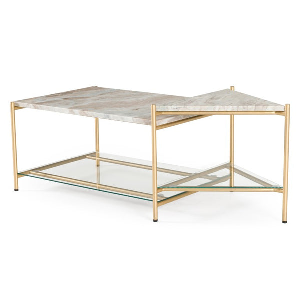 VIG Furniture Mosk Rectangular Marble & Glass Coffee Table With Brass Frame, Five-Leg Design, Durable Chic (97) VGNR-NI90027