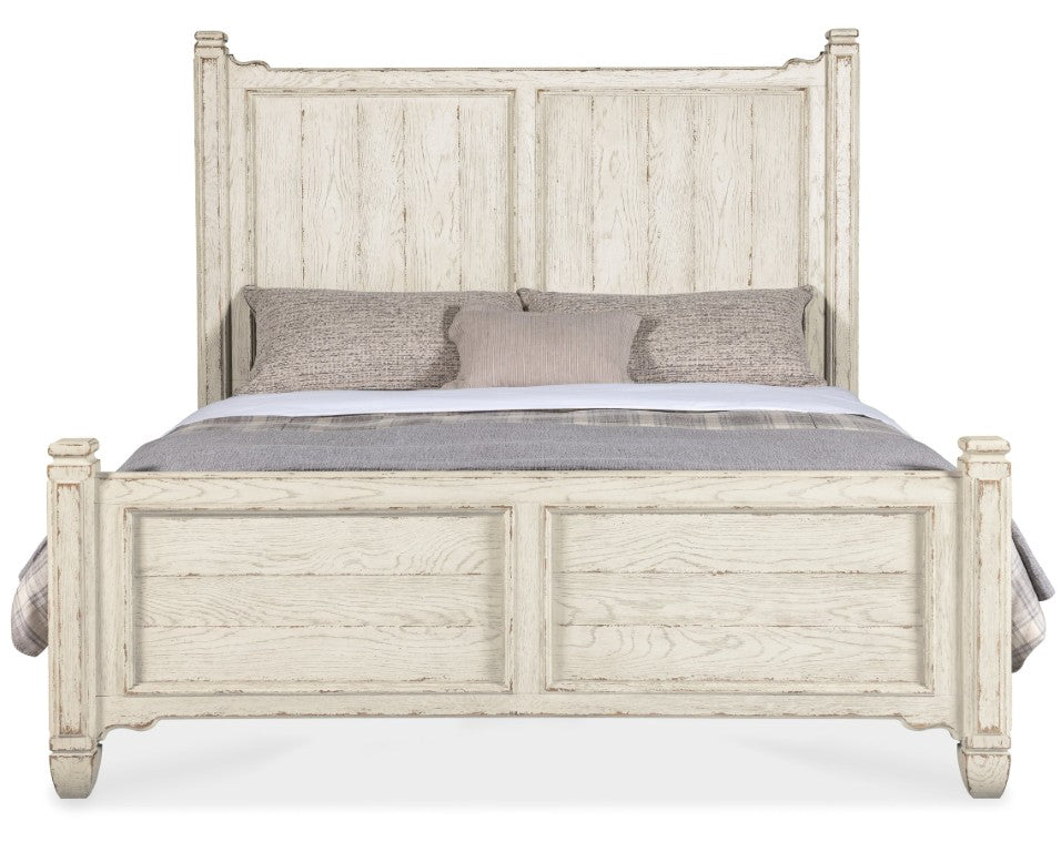 Hooker Furniture Americana King Panel Bed With Distressed Daisy Finish, Planked Headboard, Carved Scrollwork Accents Whites/Creams/Beiges 7050-90266-02