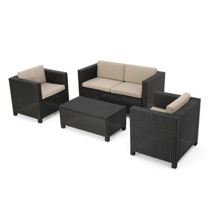 English Elm Puerta 4 Piece Outdoor Patio Set Pe Wicker Rattan with Iron Frame Cushioned Seating 52978.00DBRN