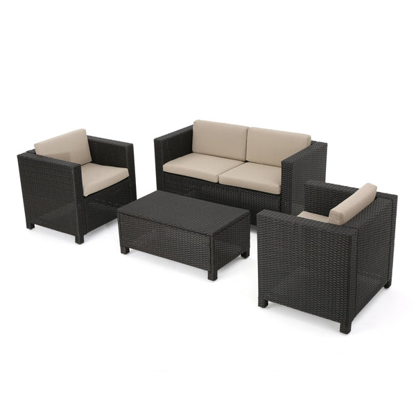 English Elm Puerta 4 Piece Outdoor Patio Set Pe Wicker Rattan with Iron Frame Cushioned Seating 52978.00DBRN