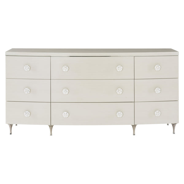Bernhardt Bernhardt Silhouette Dresser With 9 Soft-Close Drawers, Eggshell Finish, Polished Steel & Kabebe Shell Accents 307054