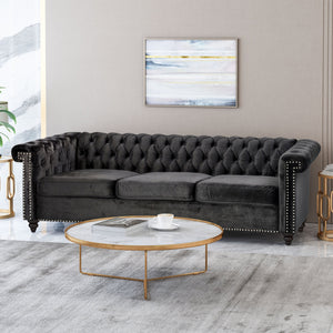 English Elm Christopher Knight Home® - SOFA Chesterfield-inspired 3-seater with deep button tufting, nailhead trim, low back and plush PU upholstery Black 68326.00NVLTBLK
