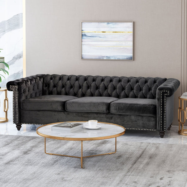 English Elm Christopher Knight Home® - SOFA Chesterfield-inspired 3-seater with deep button tufting, nailhead trim, low back and plush PU upholstery Black 68326.00NVLTBLK