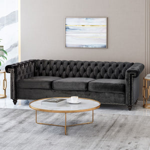 Christopher Knight Home® - Noble House - Parkhurst Tufted Chesterfield Velvet 3 Seater Sofa, Black and Dark Brown