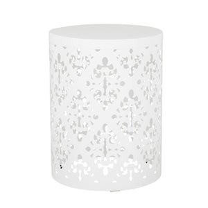 English Elm Outdoor Iron Accent Table Laser Cut Floral Cylinder Design for Patio or Balcony White 73605.00WHI