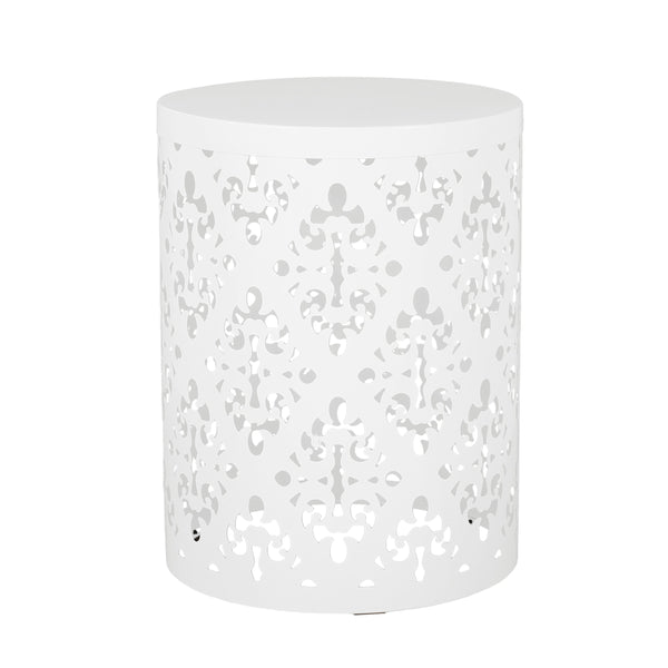 English Elm Outdoor Iron Accent Table Laser Cut Floral Cylinder Design for Patio or Balcony White 73605.00WHI